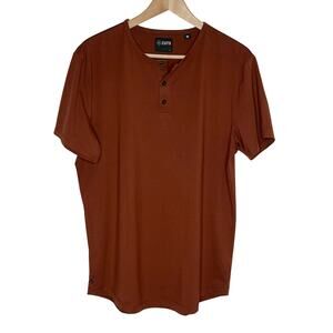 Cuts AO Short Sleeve Henley T Shirt Mens Large Rust Quarter Button Curve Hem
